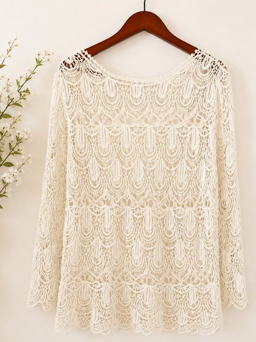 Women's Ivory Crochet Lace Tunic Boho Sheer Open Knit Beach Cover Up Festival